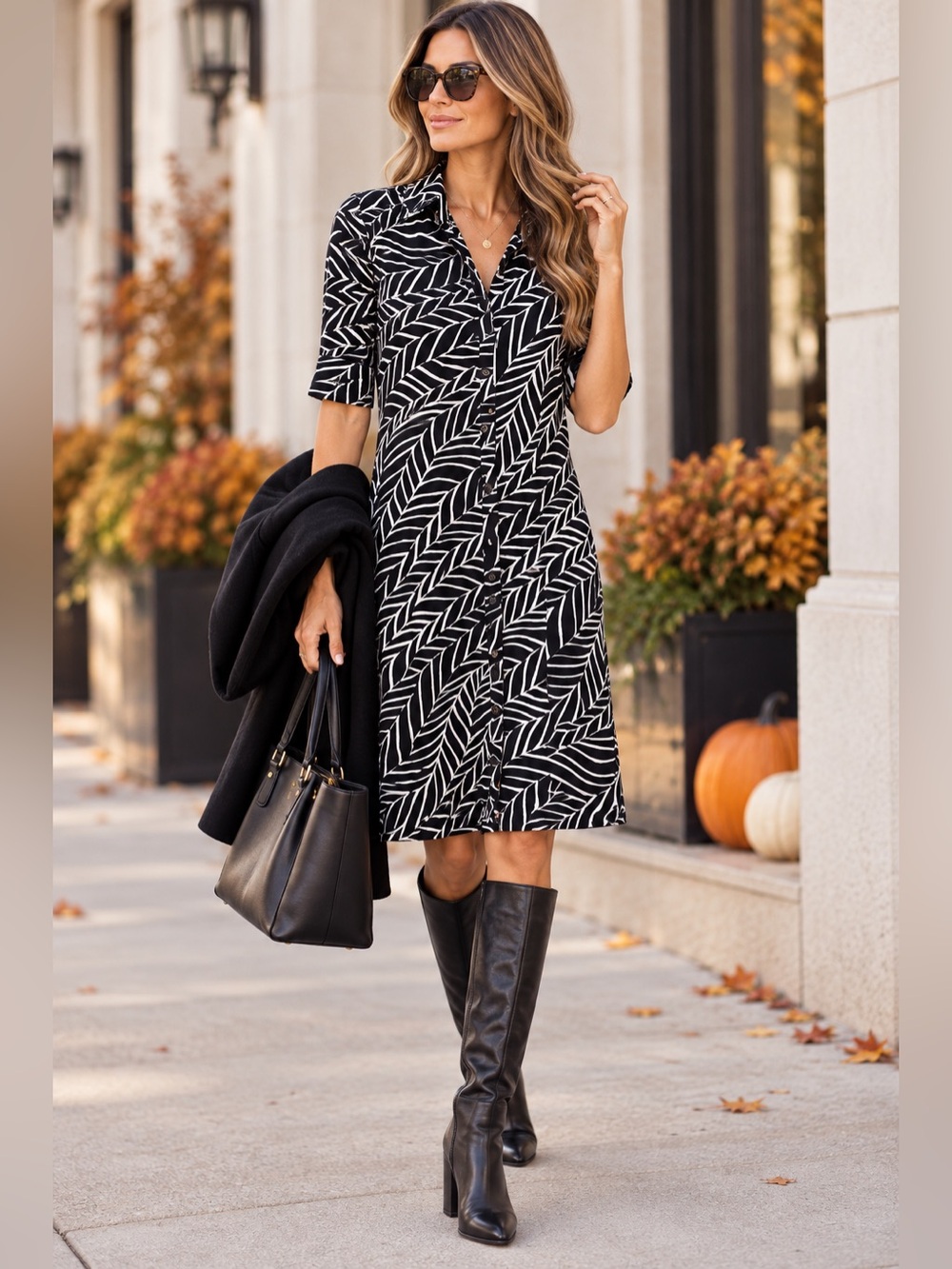 Classiques Entier Black White Leaf Print Shirt Dress Small Stretch Button Front